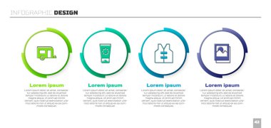 Set Rv Camping trailer, Sunscreen cream tube, Life jacket and Photo. Business infographic template. Vector