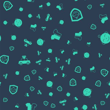 Set Baby t-shirt, on shield, Toy car and Little boy head on seamless pattern. Vector