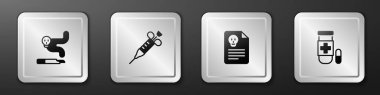Set Cigarette, Syringe, Radiation warning document and Antidote icon. Silver square button. Vector