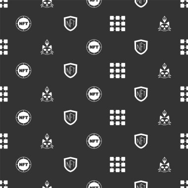 Set NFT blockchain technology, Digital crypto art,  and shield on seamless pattern. Vector
