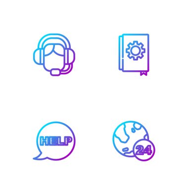 Set line Telephone 24 hours support, Speech bubble with text Help, Woman a headset and User manual. Gradient color icons. Vector