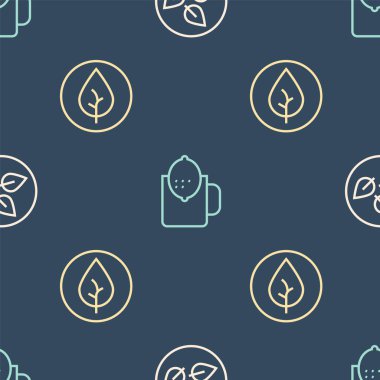Set line Tea leaf,  and Cup of tea with lemon on seamless pattern. Vector
