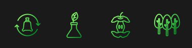 Set line Apple core, Garbage bag with recycle, Plant breeding and Tree. Gradient color icons. Vector