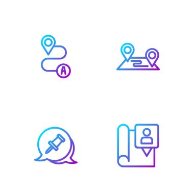 Set line Folded map with location marker, Push pin, Route and . Gradient color icons. Vector