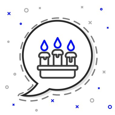 Beyaz arkaplanda izole edilmiş şamdan simgesinde çizgi yakma mumu. Silindirik mum çubuğu ve yanan ateş. Renkli taslak konsepti. Vektör