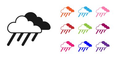 Beyaz arka planda izole edilmiş yağmur ikonu olan siyah bulut. Yağmur damlaları ile yağmur bulutu yağışı. Simgeleri renklendirin. Vektör.