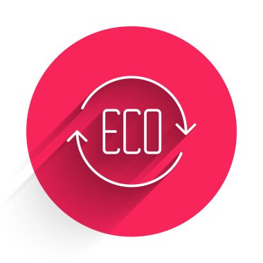 Beyaz Yaprak Çevre sembolü uzun gölge arkaplanı ile izole edilmiş. Pankart, etiket, etiket, logo, çevre yeşili etiketi. Kırmızı daire düğmesi. Vektör