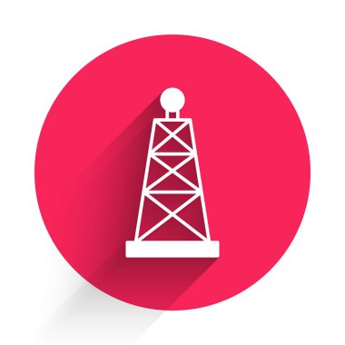 White Oil rig icon isolated with long shadow background. Gas tower. Industrial object. Red circle button. Vector