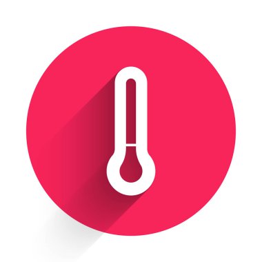 Beyaz Meteoroloji termometresi uzun gölge arkaplan izole ikonu ölçüyor. Termometre termometresi sıcak ya da soğuk hava gösteriyor. Kırmızı daire düğmesi. Vektör