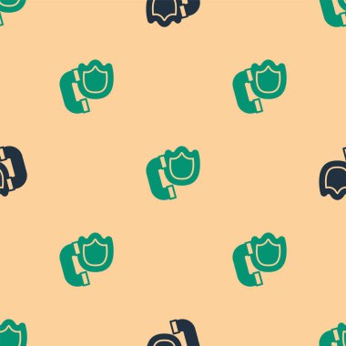 Green and black Telephone handset with security shield icon isolated seamless pattern on beige background. Phone sign.  Vector