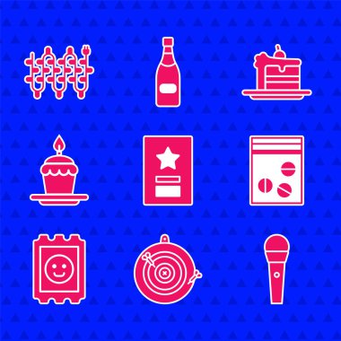 Set Greeting card, Classic dart board and arrow, Karaoke microphone, Plastic bag of drug, LSD acid mark, Cake with burning candles,  and Christmas lights icon. Vector