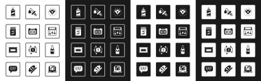 Set Diamond, Retro audio cassette tape, Evidence bag with bullet, Paint spray can, Drum machine music, Bloody knife, Beer bottle and Concert ticket icon. Vector