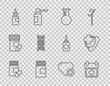 Set line Medicine bottle and pills, Doctor appointment, Test tube flask, Bottle nasal spray, DNA symbol, Heart with cross and Emergency phone call hospital icon. Vector
