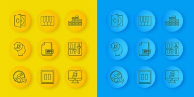 Set line Vinyl disk, Musical note human head, MP3 file document, Computer with music, Sound mixer controller, player vinyl, equalizer and synthesizer icon. Vector