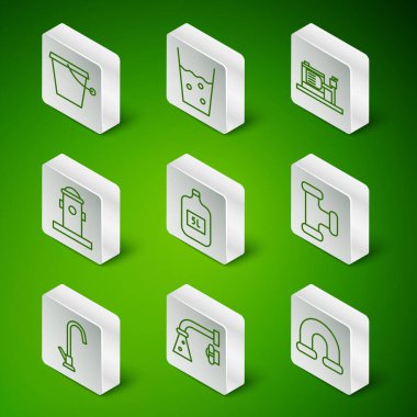 Set line Industry metallic pipe, Water tap, Bucket, Big bottle with clean water, Fire hydrant, Glass,  and  icon. Vector