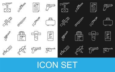 Set line Mauser gun, Shop weapon in mobile app, Weapon case, Firearms license certificate, Military knife, Sniper optical sight, Buying assault rifle and Hunting icon. Vector