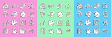 Set line Herpes lip, Nurse, High human body temperature, Medical protective mask, Deaf, Gut constipation, hospital building and Toothache icon. Vector