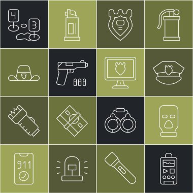 Set line Dictaphone, Balaclava, Police cap with cockade, badge, Pistol or gun, Sheriff hat, Marker of crime scene and database icon. Vector