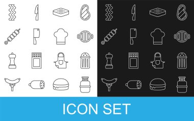 Set line Propane gas tank, Salt, Barbecue grill, Steak meat, Meat chopper, Grilled shish kebab, Bacon stripe and Chef hat icon. Vector