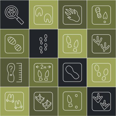 Set line Goose paw footprint, Human footprints shoes, Dove, Alligator crocodile, Paw search and  icon. Vector