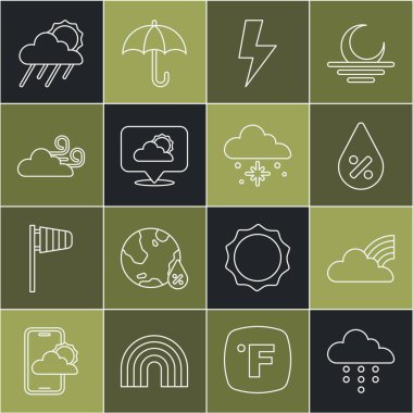 Set line Cloud with rain, Rainbow clouds, Water drop percentage, Lightning bolt, Location, Windy weather, and sun and snow icon. Vector