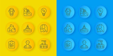 Set line Global warming, Deforestation, Floating buoy the sea, Face protective mask, Light bulb with leaf and Wastewater icon. Vector