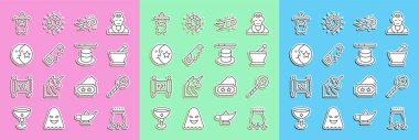 Set line Witch cauldron, Magic wand, Mortar pestle, Fireball, Hand saw, Moon stars, Wizard warlock and hat icon. Vector