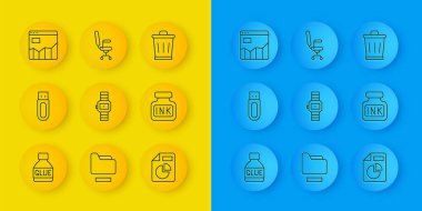 Set line Glue, USB flash drive, Wrist watch, Document with graph chart, Inkwell, Graph infographic, Trash can and Office chair icon. Vector