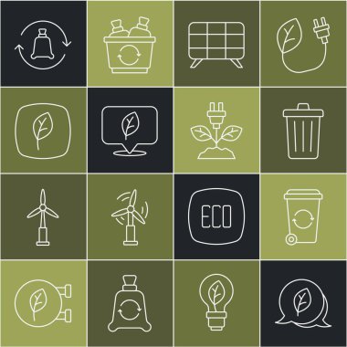 Set line Leaf Eco symbol, Recycle bin, Trash can, Solar energy panel, Location with leaf, Garbage bag recycle and Electric saving plug icon. Vector