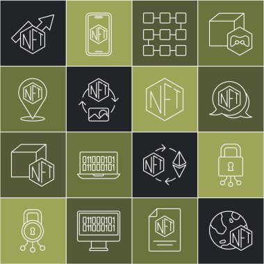 Set line NFT Digital crypto art, Cyber security, blockchain technology, growth bar chart and  icon. Vector