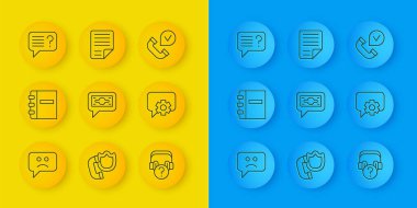 Set line Sad smile, Notebook, Stacks paper money cash, Headphones with question, Telephone 24 hours support, Unknown search, handset and File document icon. Vector