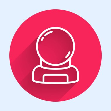 Beyaz çizgi astronot miğferi ikonu uzun gölgeli izole edilmiş. Kırmızı daire düğmesi. Vektör.