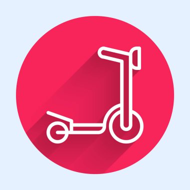 White line Roller scooter for children icon isolated with long shadow background. Kick scooter or balance bike. Red circle button. Vector