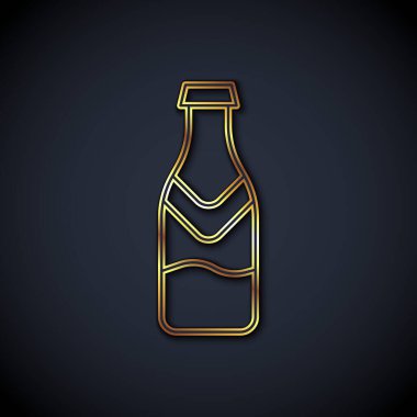 Altın çizgili bira şişesi simgesi siyah arka planda izole edilmiş. Vektör