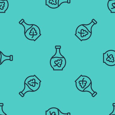 Yeşil arka planda siyah çizgi esaslı yağ şişesi simgesi izole edilmiş. Organik aromaterapi özü. Cilt bakımı serumu cam bırakma paketi. Vektör