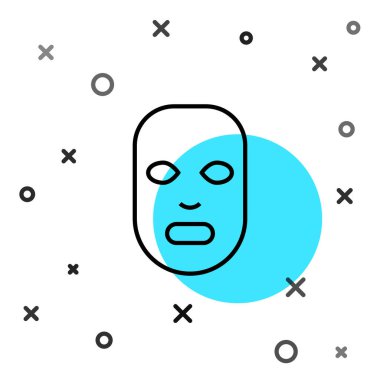 Yüz maskesi simgesi siyah çizgi beyaz arka planda izole edildi. Kozmetoloji, ilaç ve sağlık hizmetleri. Rastgele dinamik şekiller. Vektör