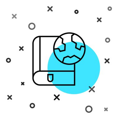 Siyah çizgi Dünya küresi ve kitap ikonu beyaz arka planda izole edilmiş. Dünya ya da Dünya işareti. Küresel internet sembolü. Geometrik şekiller. Rastgele dinamik şekiller. Vektör