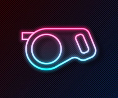 Siyah arkaplanda karabina simgesi izole edilmiş parlak neon çizgili geri çekilebilir ip tasması. Evcil köpek liderliği. Açık hava yürüyüşü için hayvan aksesuarı. Vektör