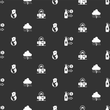 Set Reception of glass bottles, Cloud with rain, Shelter for homeless and Homeless cardboard house on seamless pattern. Vector