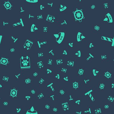 Set Pet food bowl for cat or dog, Turtle, Calendar grooming and Cat scratching post with toy on seamless pattern. Vector