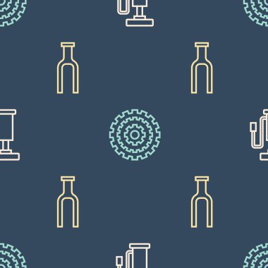 Set line Bicycle air pump, fork and cassette on seamless pattern. Vector