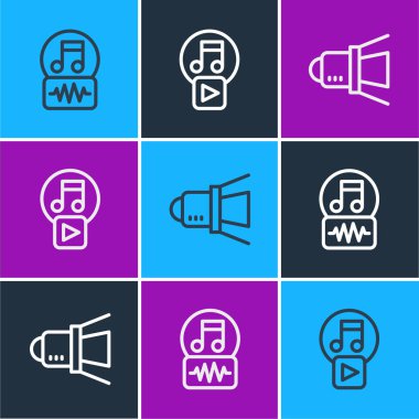 Set line Music note, tone, Movie spotlight and Play in square icon. Vector