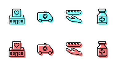 Set line Donation food, Volunteer center, Emergency car and Medicine bottle and pills icon. Vector