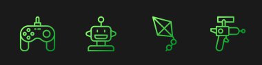 Set line Kite, Gamepad, Robot toy and Ray gun. Gradient color icons. Vector