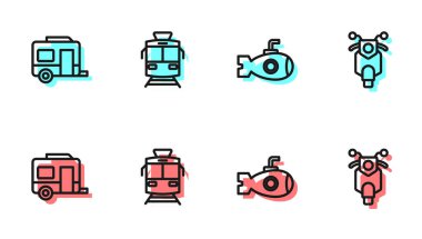 Set line Submarine Rv Camping trailer Tram and railway and Scooter icon. Vector.