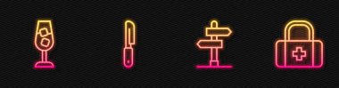 Set line Road traffic sign Wine glass Knife and First aid kit. Glowing neon icon. Vector.
