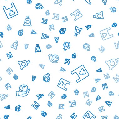 Set line Hand holding Earth globe Shopping bag with recycle and Garbage on seamless pattern. Vector.