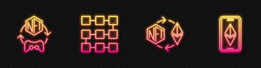 Set line Ethereum exchange NFT Digital crypto art blockchain technology and ETH. Glowing neon icon. Vector.