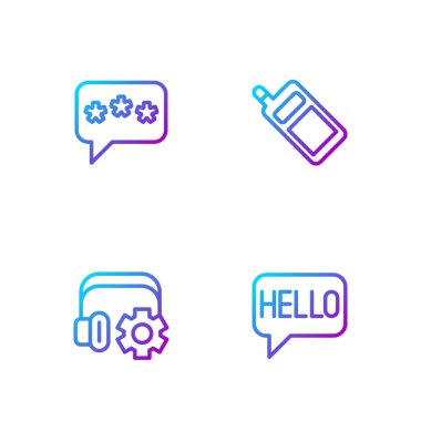 Set line Hello in different languages Headphoneswith settings Speech bubble chat and Mobile. Gradient color icons. Vector.