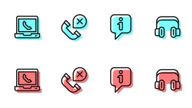 Set line Information Telephone 24 hours support Declined missed call and Headphones icon. Vector.